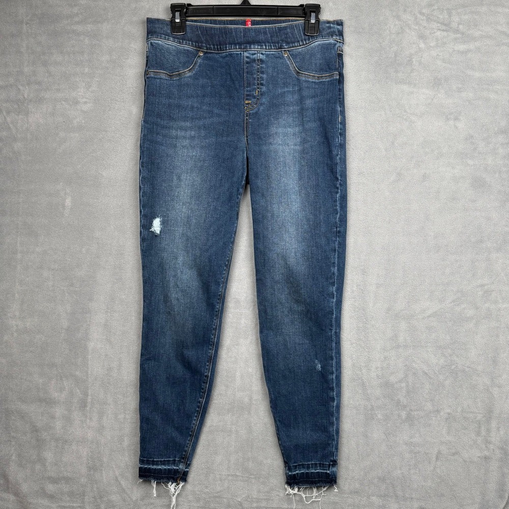 Spanx Jean-ish Ankle Leggings Distressed Raw Hem Indigo Blue Size‎ L 20203R